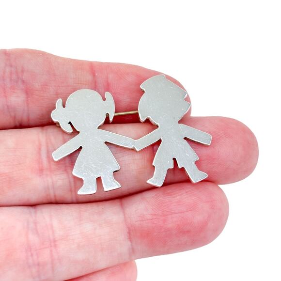 Vintage Mexico Taxco TH-53 Sterling Silver 925 Girl and Boy Silhouette Brooch - Picture 1 of 7